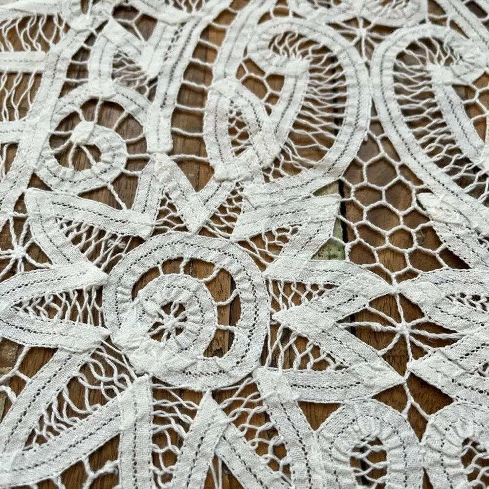 Vintage Table Runner 14 x 46.5 in White Battenburg Lace Intricate Floral Spike
